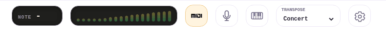 The exercise input bar showing the detected note readout, input level meter, MIDI, microphone and keyboard buttons, a transpose selector, and the gear icon that opens Audio Setup.